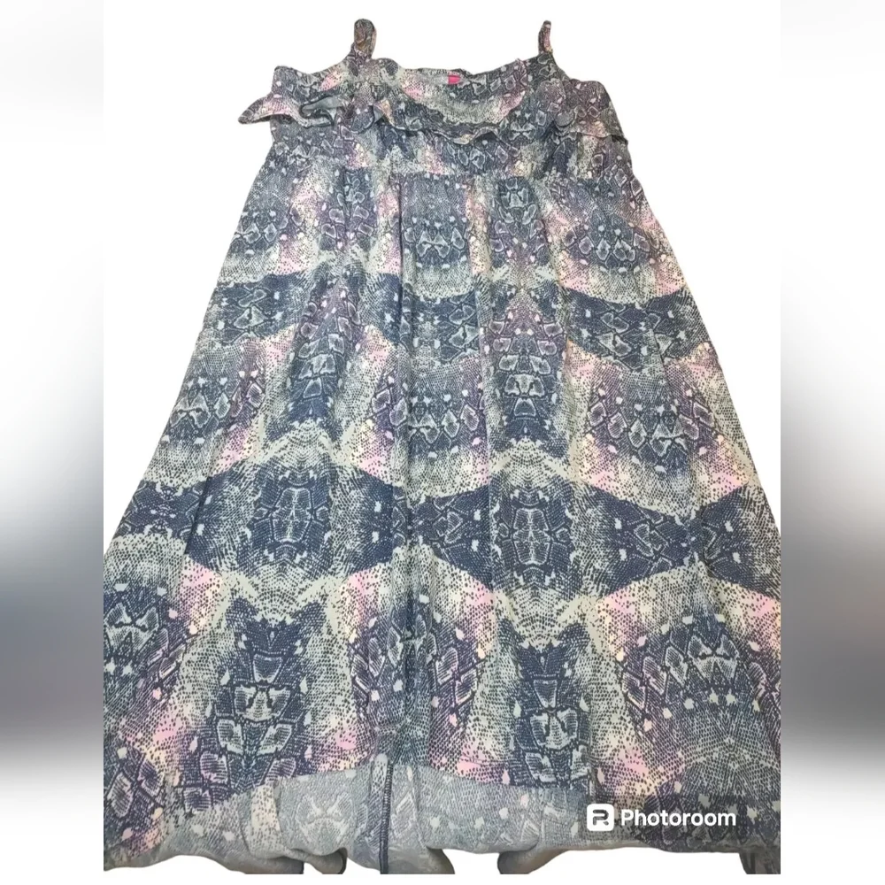 Y2k Vtg Ruffle Maxi Dress Woman Plus 4X Arsty Abstract HiLow Hem Fairy Boho